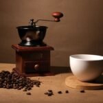 A vintage coffee grinder, coffee beans, and a white mug on a wooden surface, rich with warm tones.
